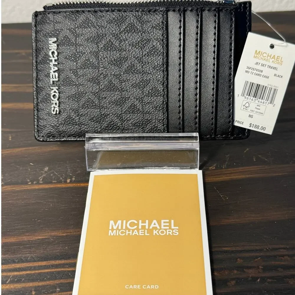 Michael Kors Jet Set Travel‎ Black Logo Card Case with Coin Pocket